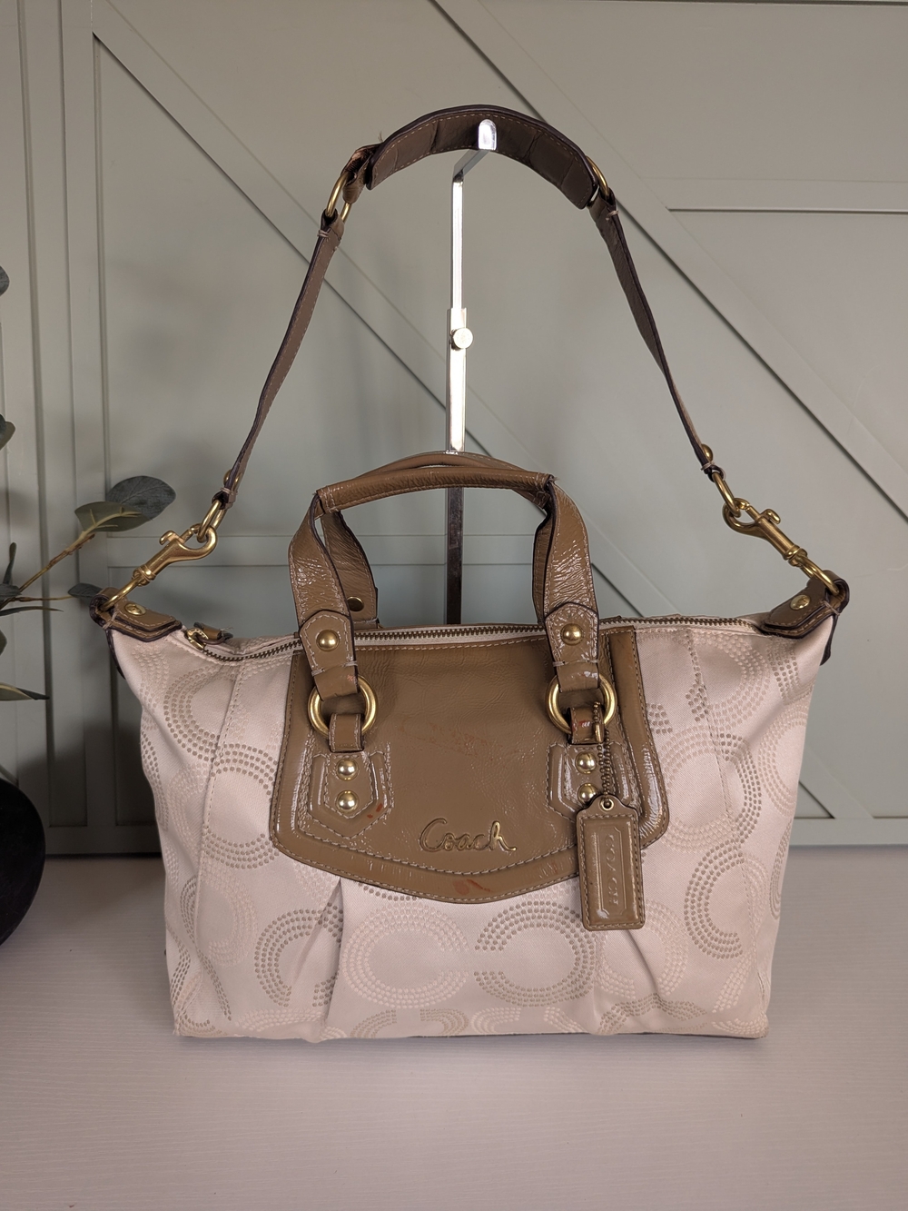 Coach Beige and Tan Signature Tote with Leather Trim